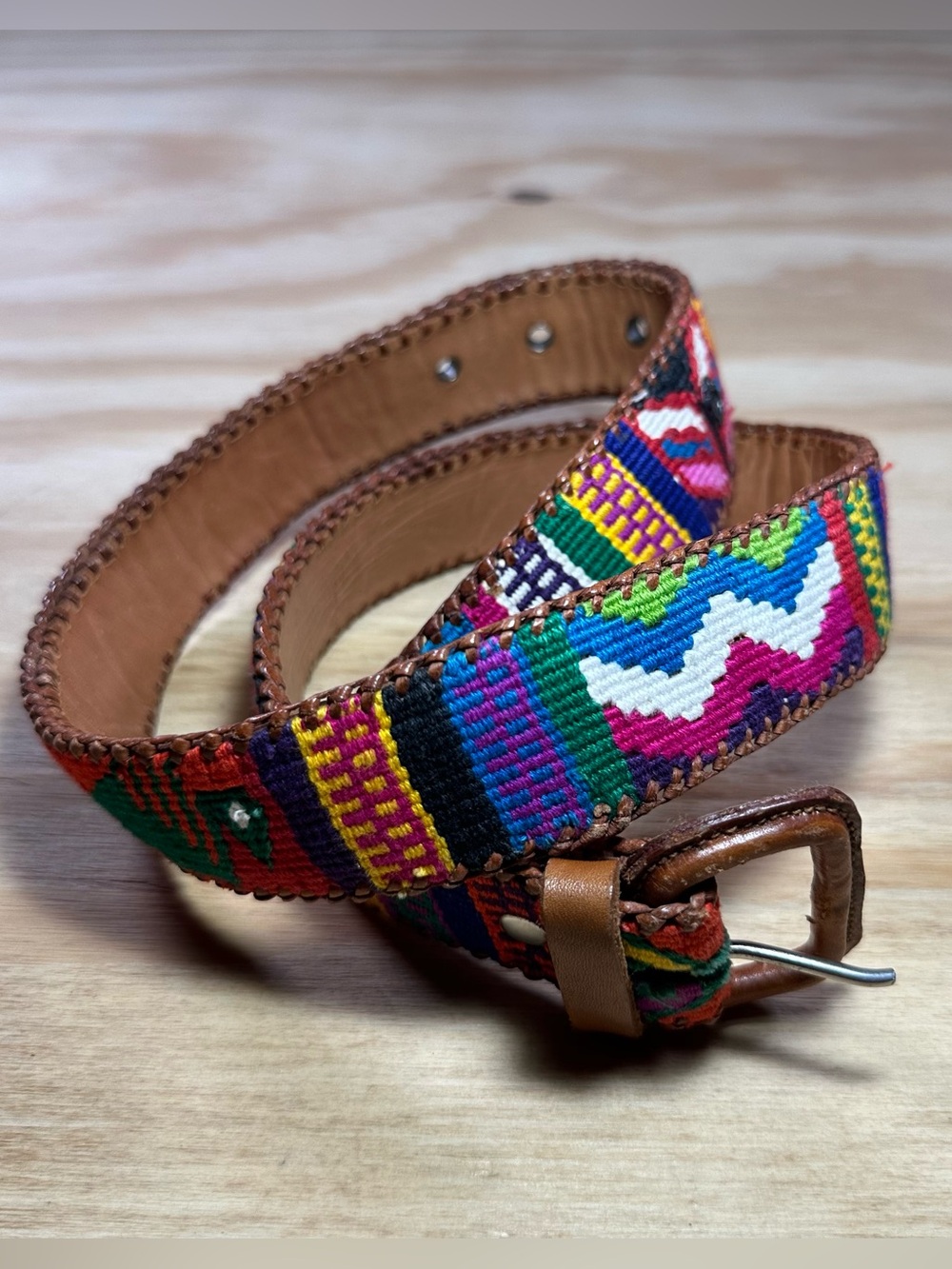Vintage Hand Woven Guatemalan Southwestern Textile Leather Belt Size 30 Multicol